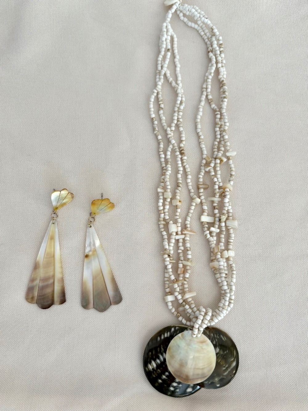 Vintage Mother of Pearl Shell Jewelry Set Necklace Fan Dangle Earrings Boho Lot